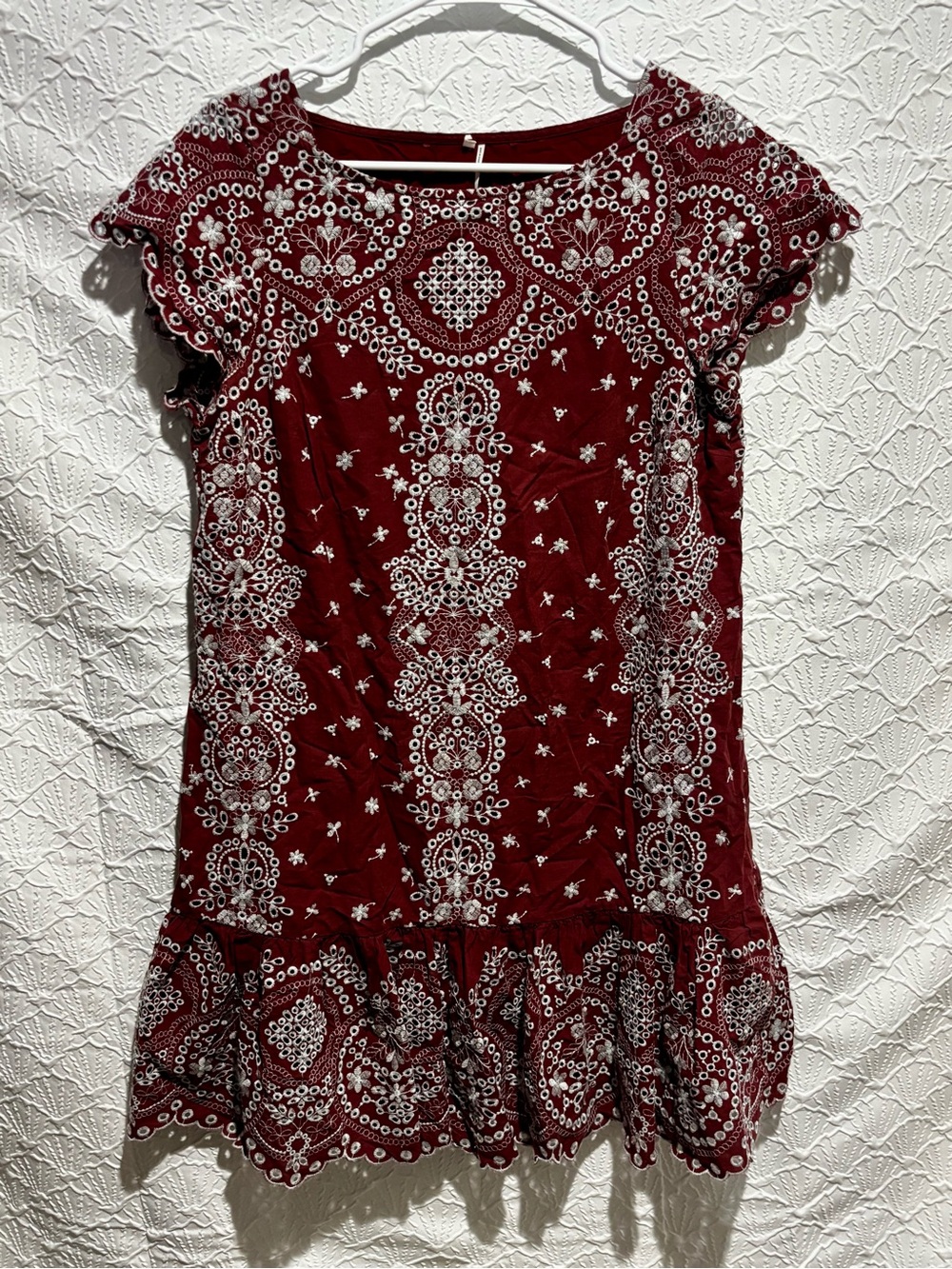 Anthropologie burgundy embroidered eyelet dress M